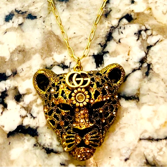Gorgeous Huge Repurposed Gucci Panther Gg Daisy Necklace